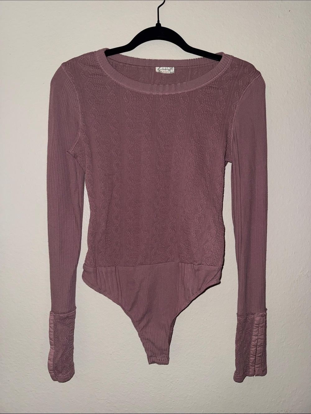 Free People Mauve Long-Sleeve Ribbed & Lace Bodysuit